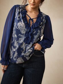 Nubod Plus Size Women's Autumn Casual Printed Patchwork Ruffle Hem Blouse - Navy Blue - View 4