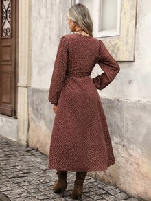 Brillora Brown And White Polka Dot Wrap Midi Dress, Long Sleeve V‑Neck For Summer Commute,Wrap Design, Clothes,Office Vacation Outfits,Christmas Boho - Brown - View 2