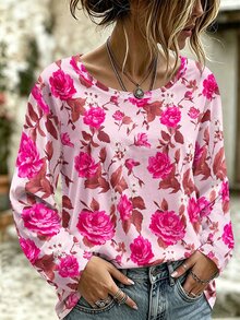 EMERY ROSE 大尺碼女款休閒花卉印花圓領長袖T恤上衣，適合日常穿著 - 彩色 - 查看 1