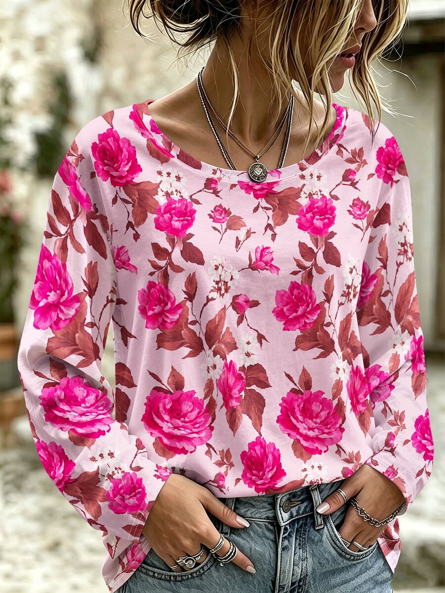 EMERY ROSE 大尺碼女款休閒花卉印花圓領長袖T恤上衣,適合日常穿著 - 彩色 - 查看 1