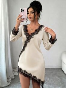 SHEIN Raffinéa Women's Elegant Lace Patchwork Satin Long Sleeve Dress For Vacation And Date Wear - Apricot - View 1