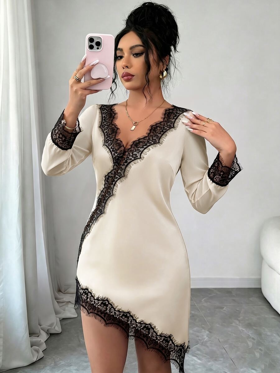 SHEIN Raffinéa Women's Elegant Lace Patchwork Satin Long Sleeve Dress For Vacation And Date Wear - Apricot - View 1
