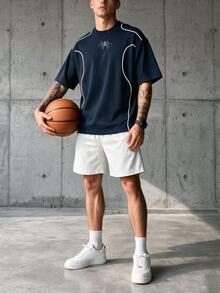 Sport MetroGents 男士圓領蜘蛛印花短袖T恤，黑色底色配白色線條對比設計，休閒百搭運動上衣 - 藏蓝色 - 查看 7