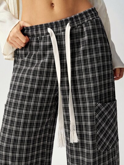 Bohemela Women's Casual Loose Plaid Wide Leg Long Pants