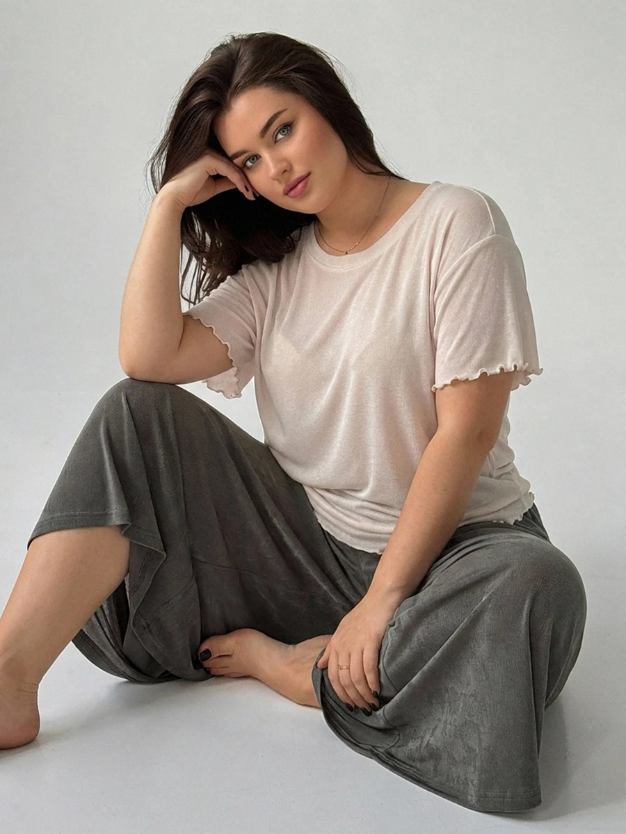 Dazy Plus 2pcs Solid Color Casual Loose Long Pants Early Autumn Spring Home Wear Set - Apricot - View 1