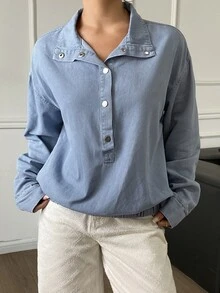 Livesso Women's Casual Half-Button Denim Jacket, Autumn - Blue - View 4