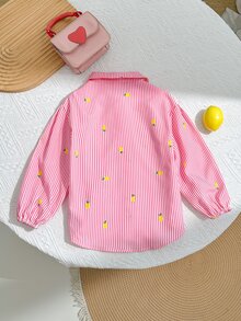 SHEIN 少女可愛時尚休閒百搭翻領條紋水果圖案落肩寬鬆長袖襯衫，學院風，返校季 - 粉色 - 查看 2