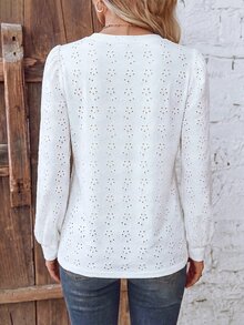 SHEIN LUNE 女款鏤空刺繡泡泡長袖上衣，圓領寬鬆休閒鏤空襯衫，適合日常穿著 - 白色 - 查看 2