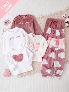 2pcs Baby Girl Simple Cute Plush Long Sleeve Pants Casual 2 Pieces Set Loungewear - Multicolor - View 1