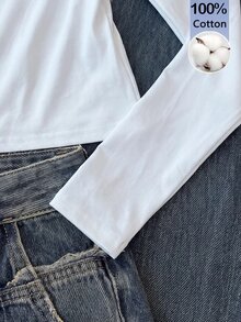 SHEIN Tween少女秋季新款針織白色圖案方領休閒修身長袖T恤 - 白色 - 查看 3