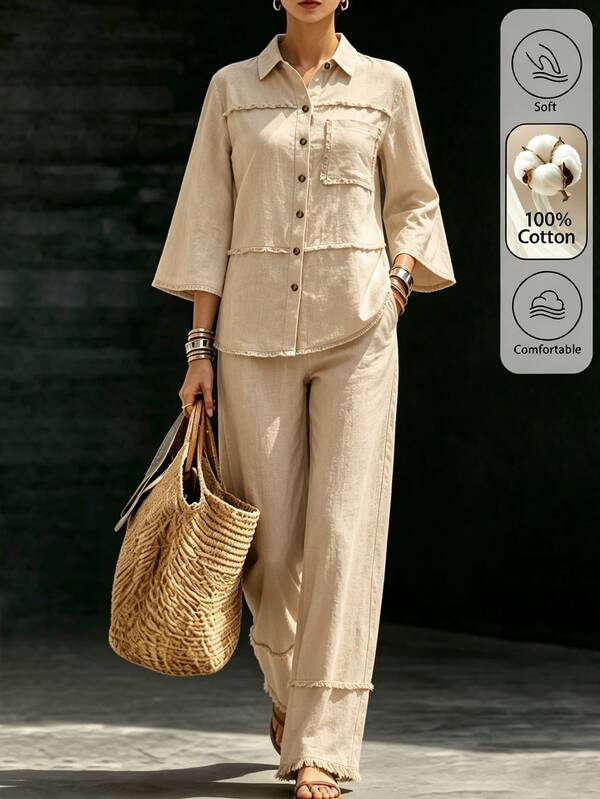 Omancia Women's Vintage Casual 2 Pieces Set, Solid Color Frayed Hem Button Shirt & Wide Leg Pants Outfit, Fashionable Versatile Casual Set