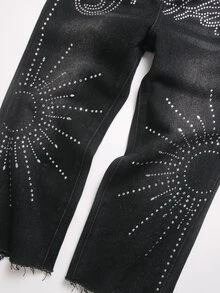Kids Boys' 2pcs Set Black Denim Casual Long Sleeve Shirt And Pants With Shiny Rhinestone Star & Sun Pattern - Black - View 6