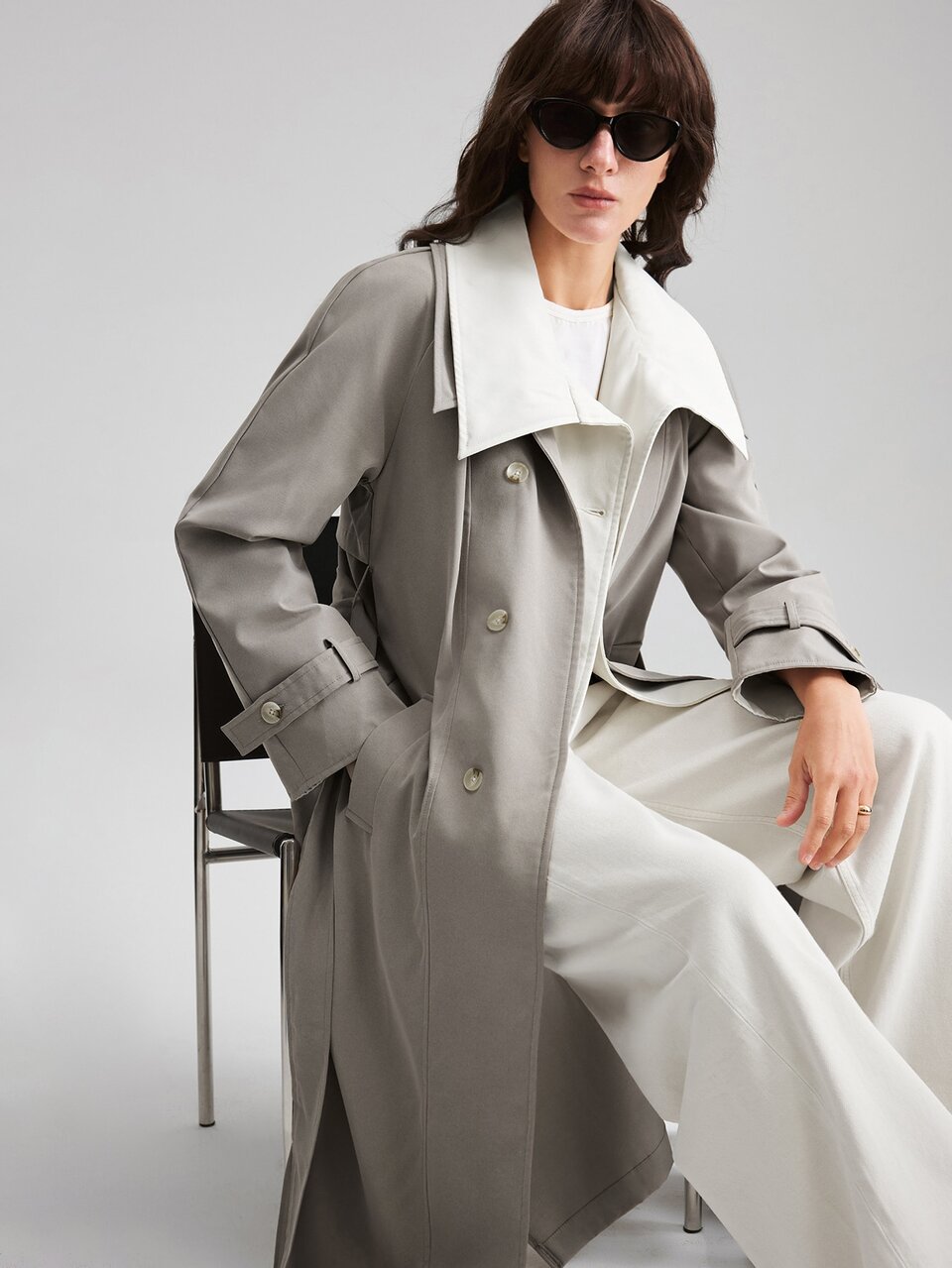 2026 New Autumn Women's Trench Coat Jacket, Loose Fit, Bestselling Solid Grey With Apricot Contrast, Long Sleeve, Button Pockets, Design-Driven Casual Commute Urban Modern Minimalist Elegant Tea Party Independence Day Old Money Style Teacher Outfit Women's Office Wear Holiday Dress Vacation Date Outfit Women's Outwear Fashion Versatile Women's Trench Coat Jacket