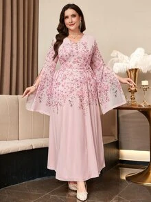 Reflora Plus Size Elegant Floral Print Party Dress - Pink - View 5