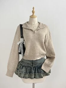 Elamini Sweater Pullover Leher Tinggi Setengah Resleting untuk Wanita, Cocok untuk Musim Gugur/Dingin, Mode Santai, Serbaguna, Minimalis, dan Kasual, Cocok untuk Perjalanan Sehari-hari - Khaki - View 2