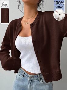 SHEIN BASICS 女款秋冬休閒純色開襟羊毛衫 - 咖啡棕 - 查看 6