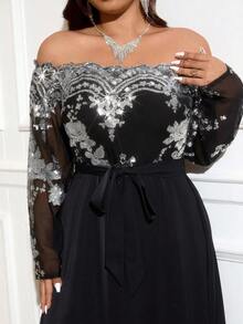 Reflora Plus Size Elegant Party Sequin Patchwork Off-Shoulder Dress Fall - Silver - View 7