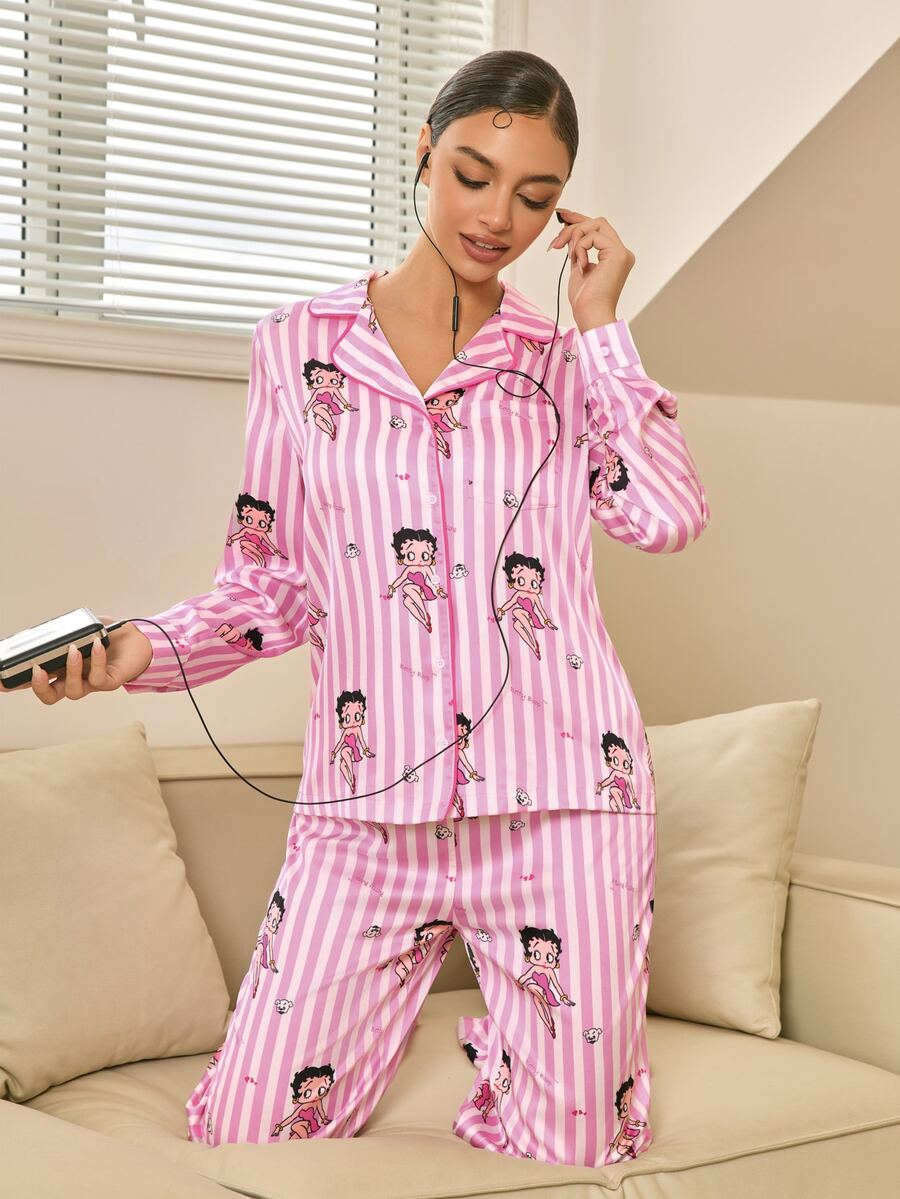 Betty Boop x SHEIN Women's Striped Single-Breasted Top And Pants Pajama Set - Pink - View 1