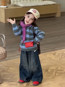 DAZY Baby Girl Hooded Striped Comfortable Autumn/Winter Sweater - Blue - View 8