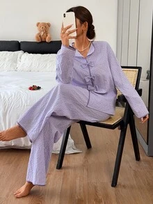 Livesso Spring/Autumn White Women's Style Bow Decor Loose Split Leg Pajama Set - Purple - View 5