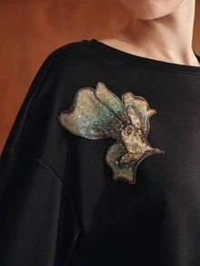 Anewsta 女款休閒亮片刺繡運動衫，秋季 - 黑色 - 查看 3