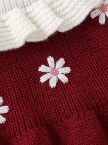 Set 2 Potong Warna Pink untuk Bayi Baru Lahir: Gaun Sweater (Kerah Ruffle + Bordir) + Legging Kasual, Gaya Sederhana dan Manis - Burgundy - View 3