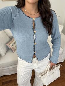 Dazy Plus Contrast Stitching Colorblock Fitted Home Casual Fashion Street Hollow Knit Long Sleeve T-Shirt - Blue - View 3