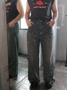 Dazy Plus Full Rhinestone Korean Style Shiny Distressed Versatile Heavy-Duty Spring/Autumn Jeans - Dusty Blue - View 6