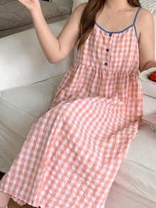 Dazy Plus Teen Girls Casual Plaid Colorblock Spaghetti Strap Nightgown, Spring Summer Autumn New Style - Pink - View 5