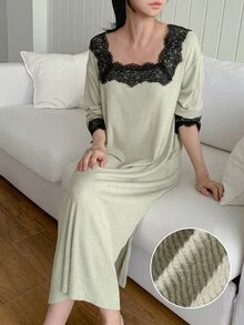 DAZY Women's Comfortable Versatile Lace Patchwork Long Sleeve Nightgown - Khaki - View 3