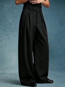 PAVTROS Men's Solid Color Pleated Loose Casual Wide Leg Pants - Black - View 5