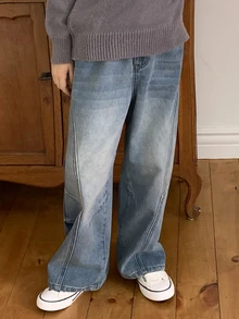 DAZY Tween Girl) Casual Loose Washed Distressed Patchwork Versatile Autumn/Winter Denim Jeans - Light Wash - View 7