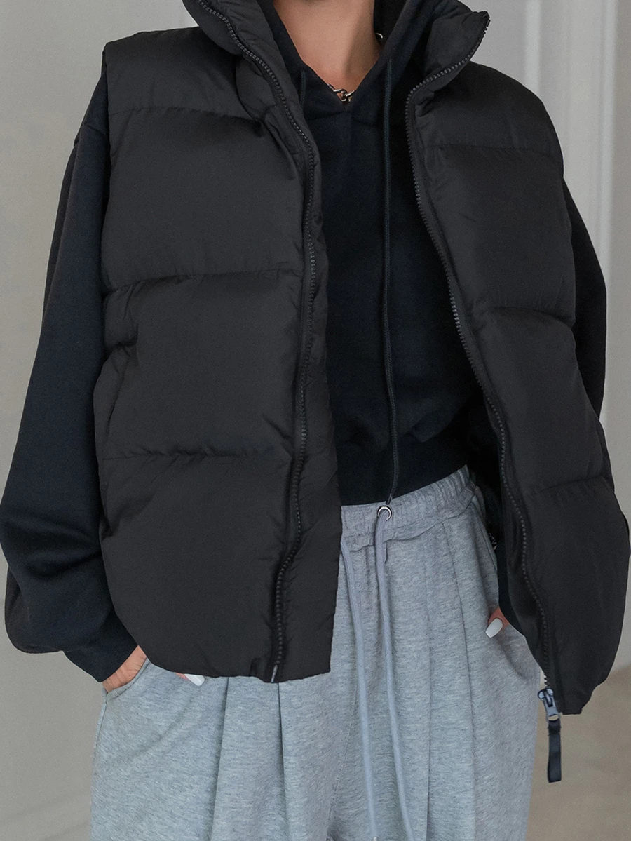 Dazy Plus Solid Color Casual Versatile Thermal Lined Thickened Autumn/Winter Sleeveless Vest Women's Padded Coat Jacket - Black - View 1