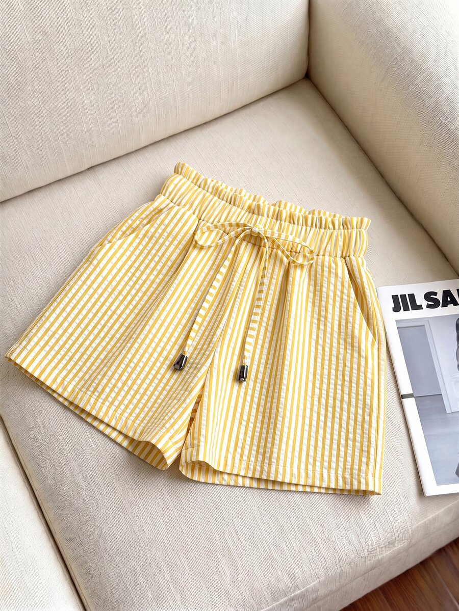 Franclia Women's Striped Ruffle Waist Tie Casual Shorts - Yellow - View 1