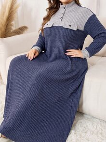 Lacomfia Autumn/Winter Elegant Casual Round Neck Pullover Knit Textured Ribbed Patchwork Faux Pocket Button Detail Long Sleeve Plus Size Women's Long Dress - Multicolor - View 1