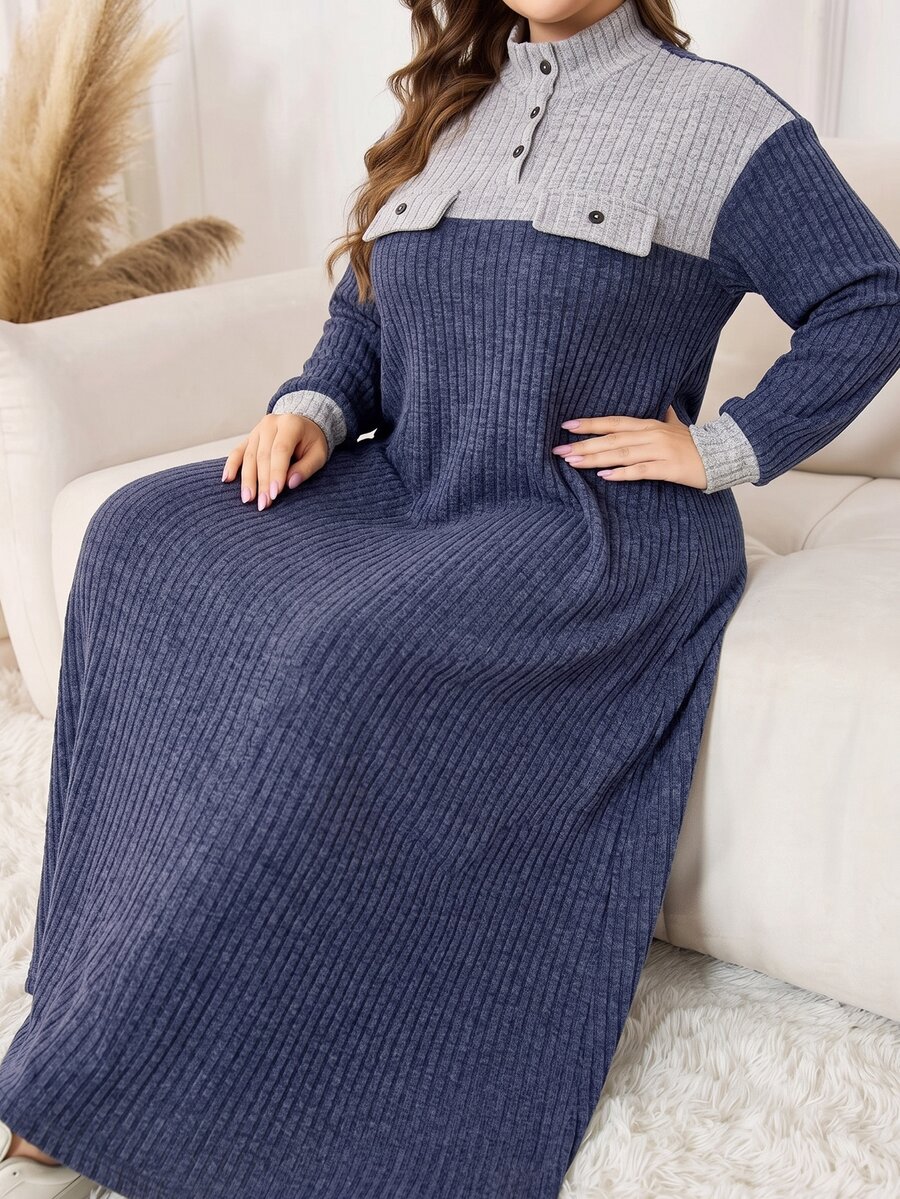 Lacomfia Autumn/Winter Elegant Casual Round Neck Pullover Knit Textured Ribbed Patchwork Faux Pocket Button Detail Long Sleeve Plus Size Women's Long Dress - Multicolor - View 1