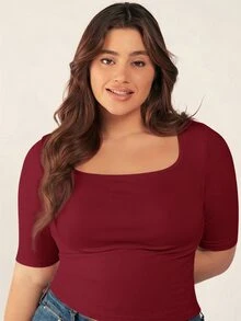 SHEIN BASICS 大尺碼純色修身圓領T恤 夏季上衣 正裝居家休閒穿搭 紅色 西式風格 - 酒紅色 - 查看 4