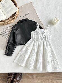 SHEIN Vintaside Kids 女嬰春秋短款黑色PU皮革夾克與白色提花肩帶洋裝2件套，優雅時尚，適合室內/戶外拍照及其他場合 - 黑與白 - 查看 2