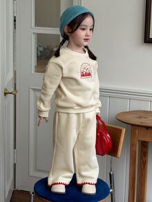 DAZY Infant Girl Round Neck Fleece Lined Cartoon Embroidered Long Sleeve Sweatshirt & Pants Korean Style Casual Autumn/Winter Sweatshirt Set - Apricot - View 3