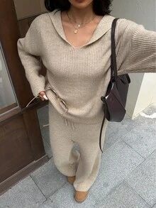 Autumina Women's Autumn/Winter Casual Hooded Loose Fit Versatile Pique Knit Top & Drawstring Pants 2 Pieces Set - Camel - View 3