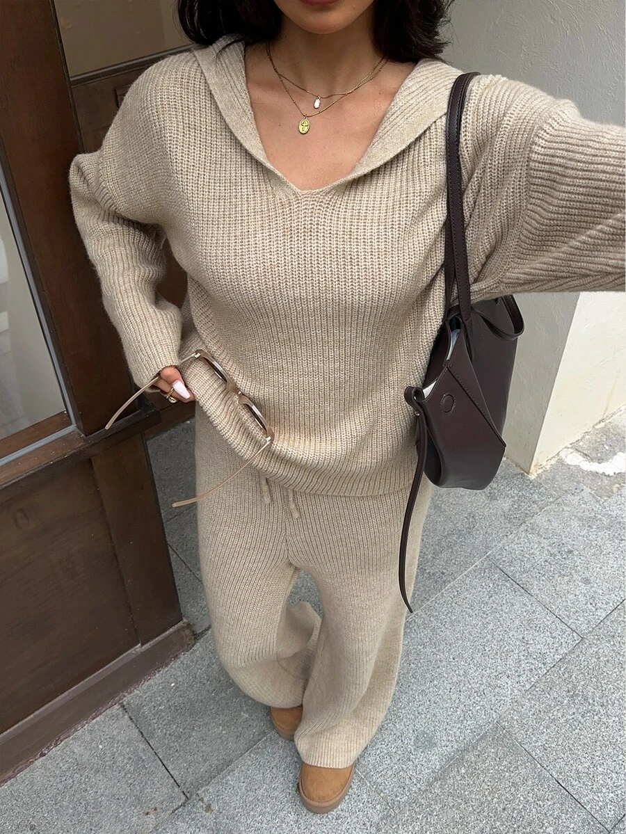Autumina Women's Autumn/Winter Casual Hooded Loose Fit Versatile Pique Knit Top & Drawstring Pants 2 Pieces Set - Camel - View 1