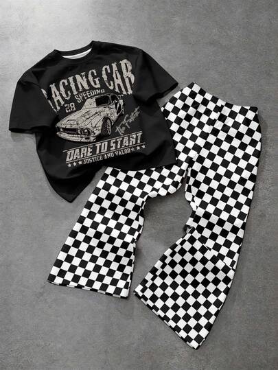 Tween Boy Casual Comfortable Fashion Minimalist Crew Neck Short Sleeve Flare Pants T-Shirt Set, Classic Vintage Racing Graphic Print, Cool Black And White Checkerboard Pattern Print, Streetwear Flare Pants, Suitable For Autumn/Winter, Suitable For Y2K