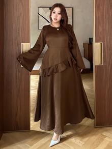 Dazy Plus Solid Color Fitted Waist Ruffle Trim Round Neck Long Sleeve A-Line Elegant Spring Autumn Dress - Brown - View 7