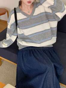Dazy Plus Contrast Stripe Loose Long Sleeve V-Neck Casual Vintage Pullover Knit Sweater, Autumn/Winter - Grey - View 9