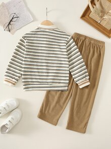 SHEIN Young Boy Loose Casual Kids Minimalist Comfortable Collared Bear Decor Sweatshirt And Pants Set - Khaki - View 3