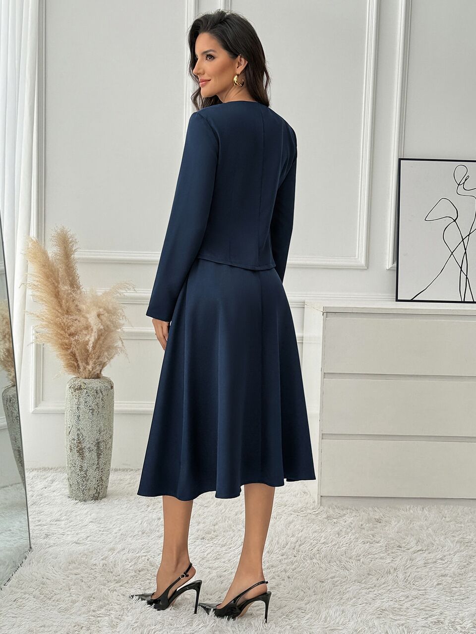 Elegant Modern Vintage, Gold Button Peplum, Women's Skirt Set, Tailored Navy Blue, A-Line Slim Fit, Office Work Party, Festival, Fall Winter