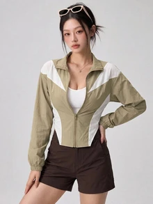 DAZY Colorblock Patchwork Front Zip-Up Sports Jacket Fall - Mint Green - View 1
