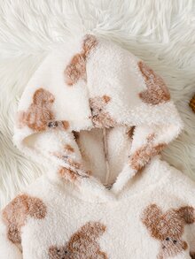 SHEIN 少女秋/冬款寬鬆保暖內裡加厚雙面絨毛可愛卡通熊印花連帽袋鼠口袋長袖睡衣家居服睡袍 米色女童睡衣 - 白色 - 查看 4