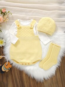 SHEIN Vintaside Kids Newborn Baby Solid Color Button Design Casual Knit Romper - Yellow - View 1