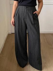 Dazy Plus Autumn Spring Loose Business Casual Striped Suit Pants Straight Wide Leg Trousers Commute Elegant Long Pants - Dark Grey - View 1